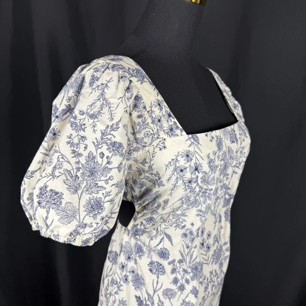 Just Found Blue & White Toile Cottagecore Prairie Dress Open Back Midi, size M - Picture 9 of 15